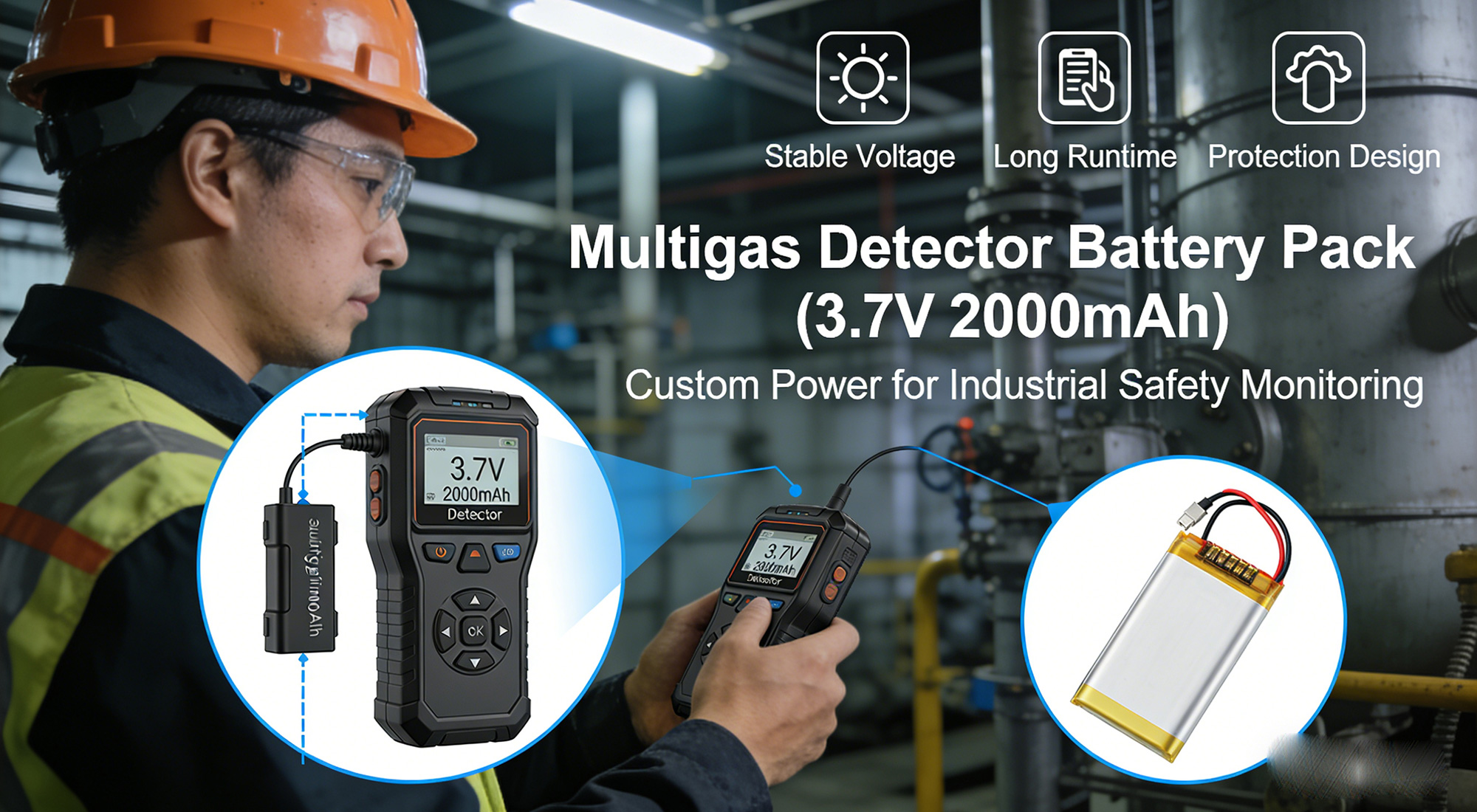 Multigas Detector Battery Pack (3.7V 2000mAh) for Industrial Safety Monitoring